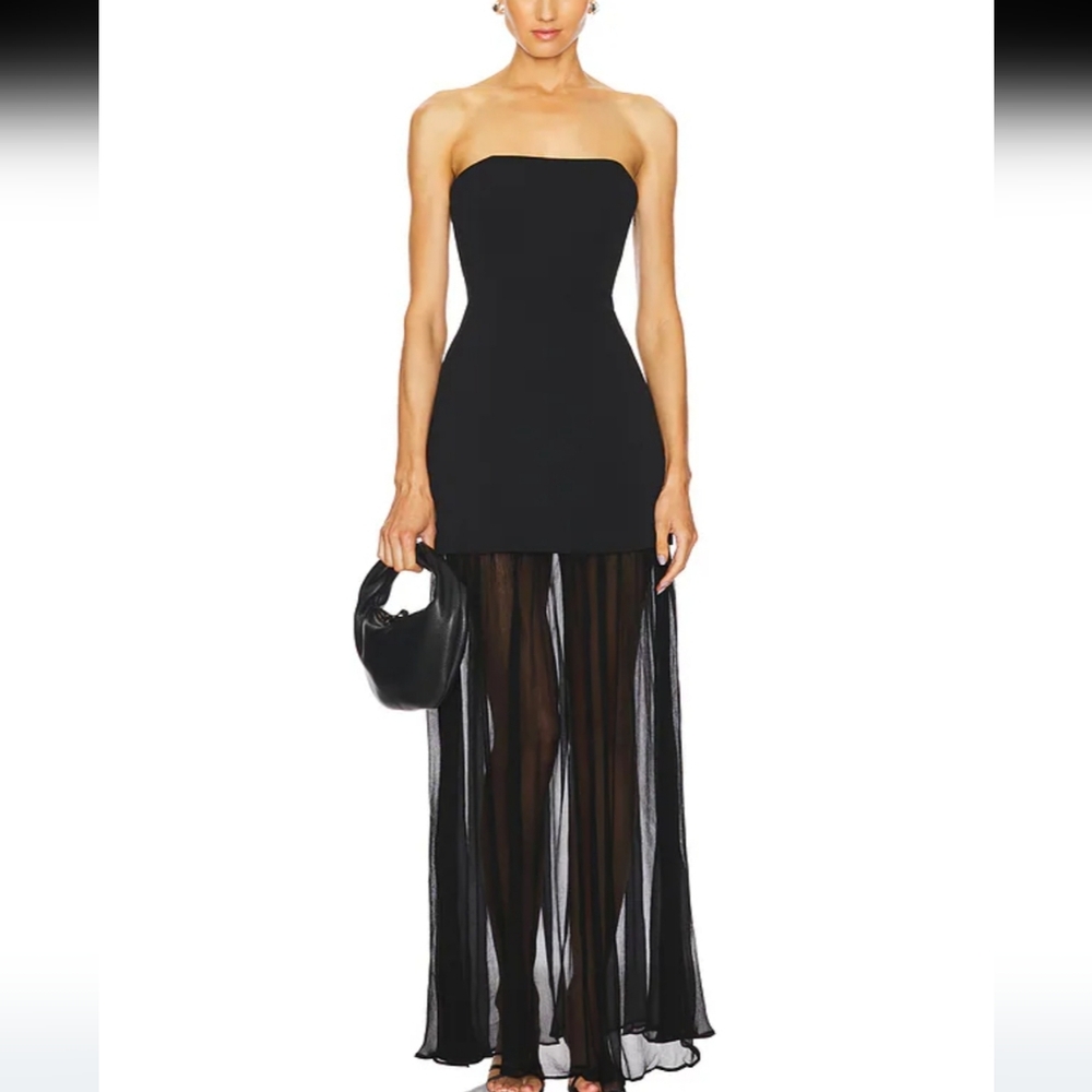 L'Academie Black Strapless Sheer Skirt Maxi Dress